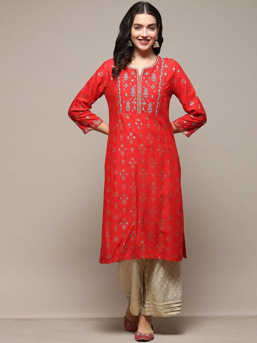 biba ethnic motifs printed regular chanderi cotton kurta with palazzos