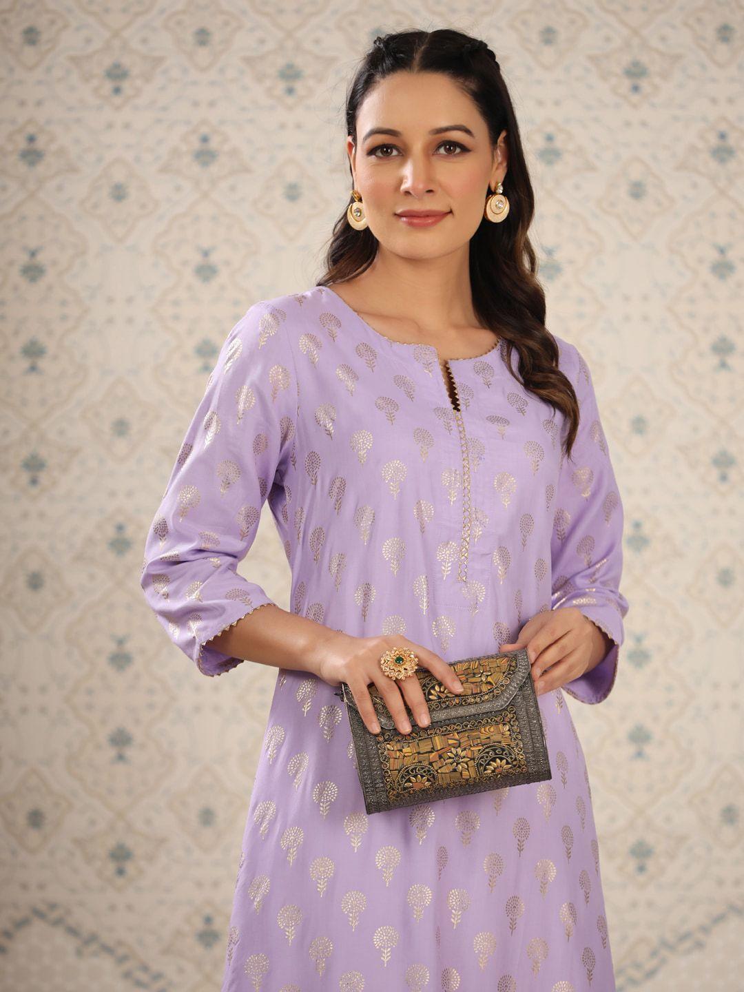 ode by house of pataudi lavender floral foil printed gotta patti straight kurta