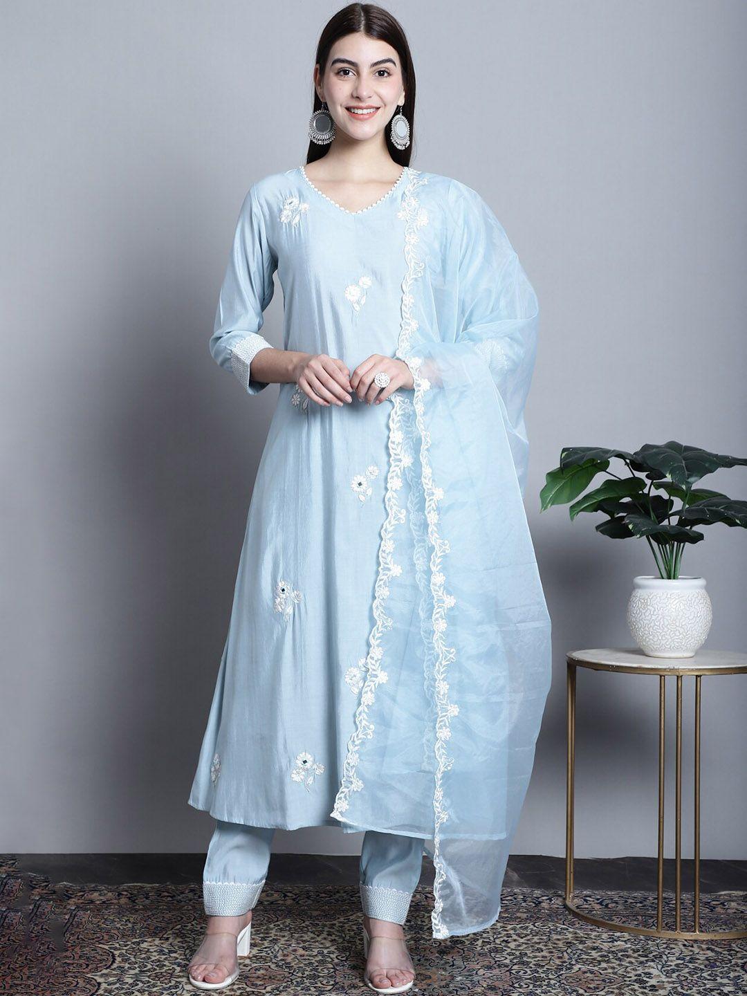 rajnandini floral embroidered regular thread work kurta with trousers & dupatta