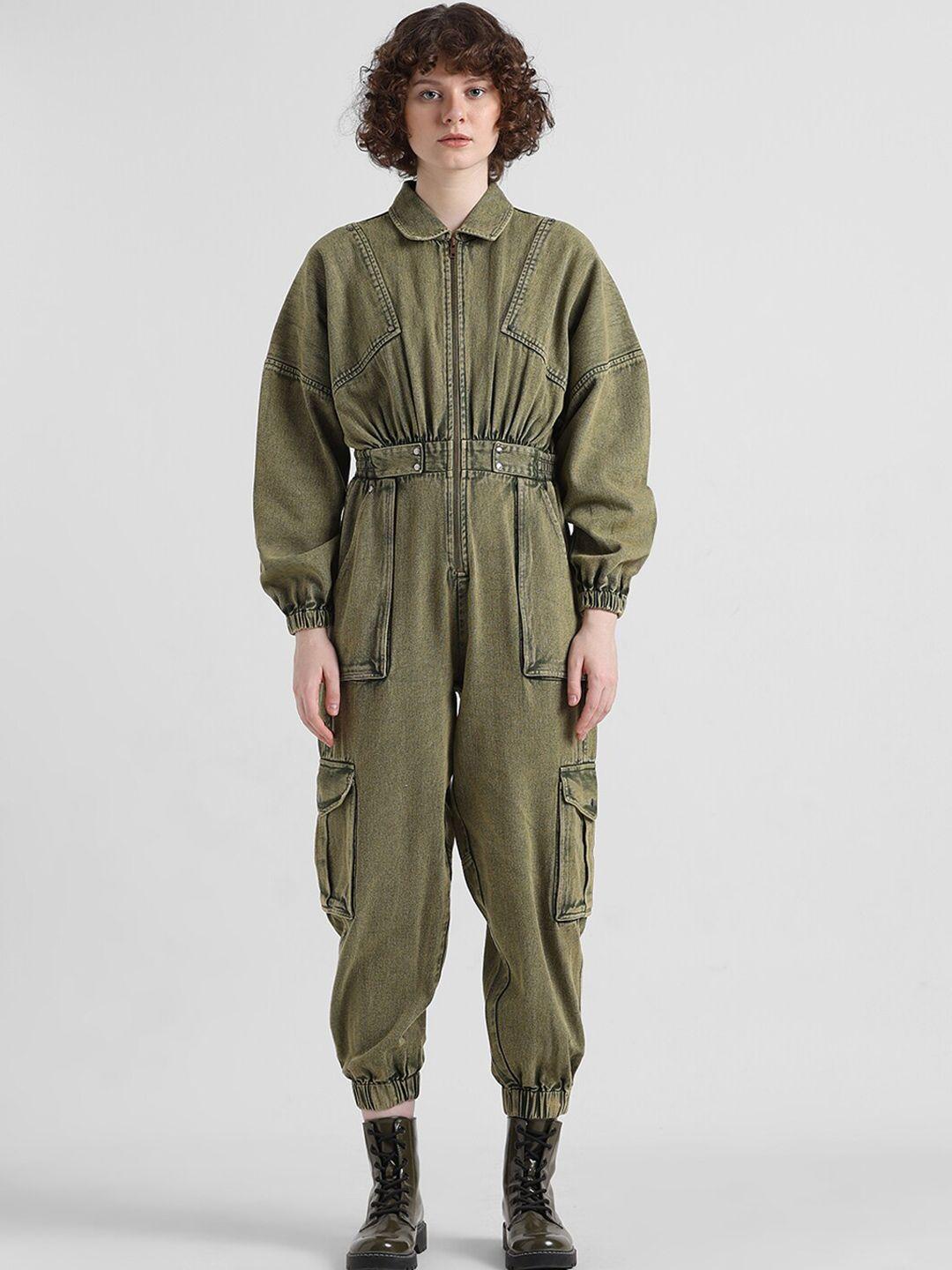 only acid washed shirt collar pure cotton cargo jumpsuit