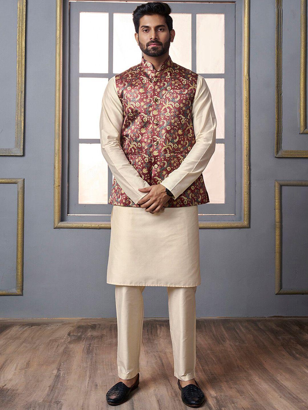 inddus mandarin collar straight regular kurta with trousers & woven design nehru jacket