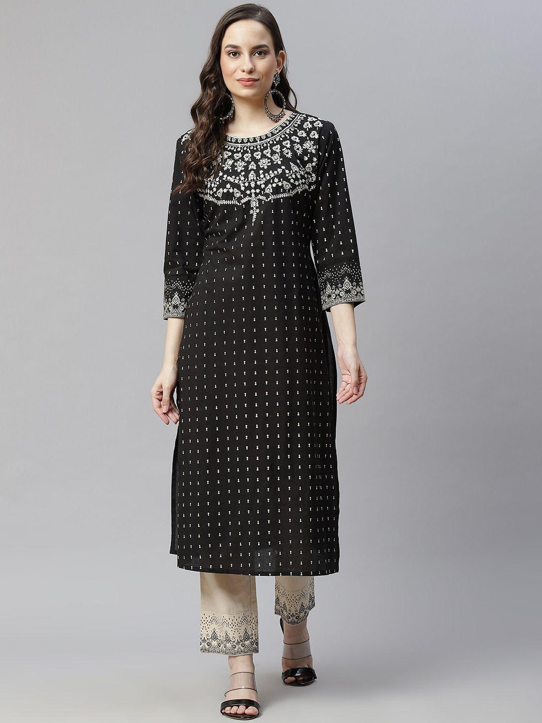 hatheli ethnic motifs printed thread work pure cotton kurta with trousers