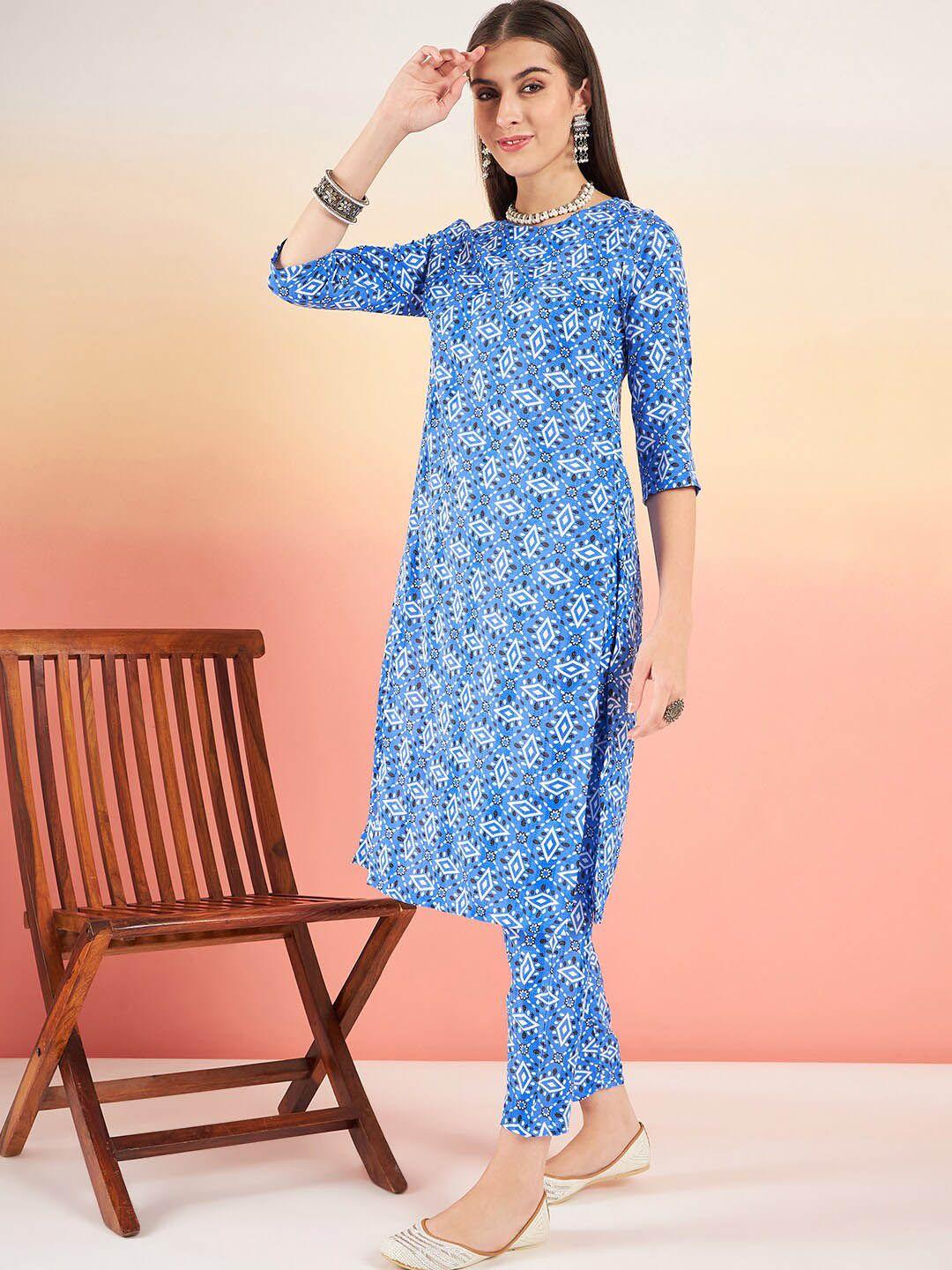 sangria geometric printed round neck straight kurta with trousers