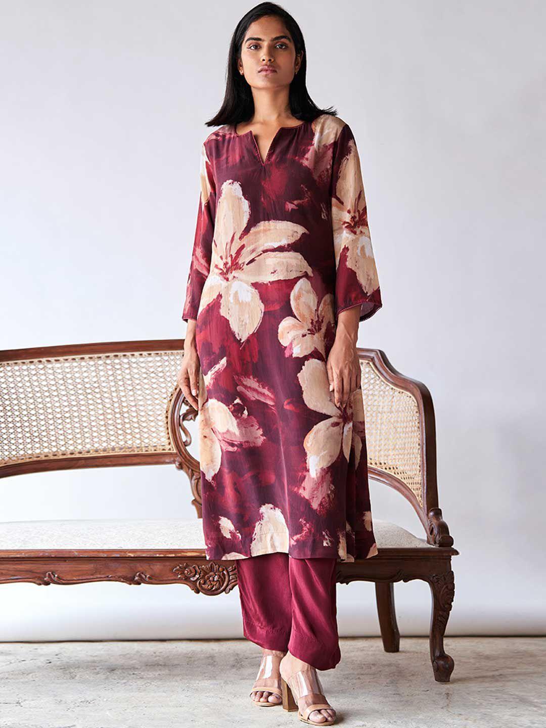 ganga floral printed notched neck raw silk a-line kurta with palazzo