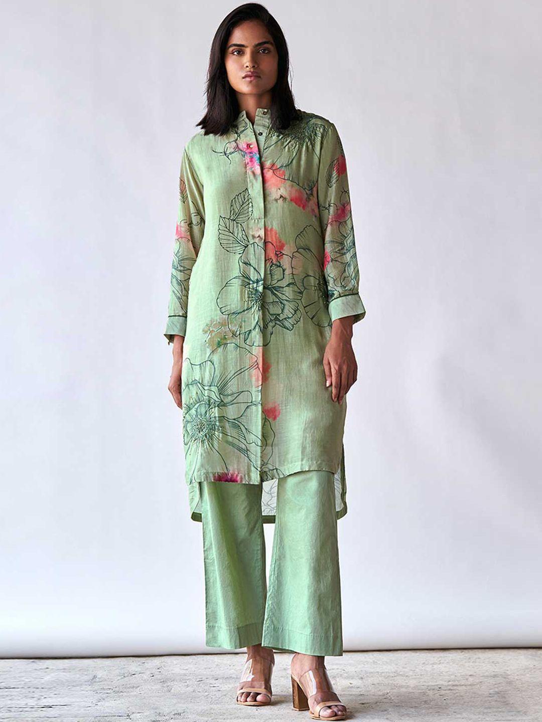 ganga floral printed band collar silk straight kurta with palazzo