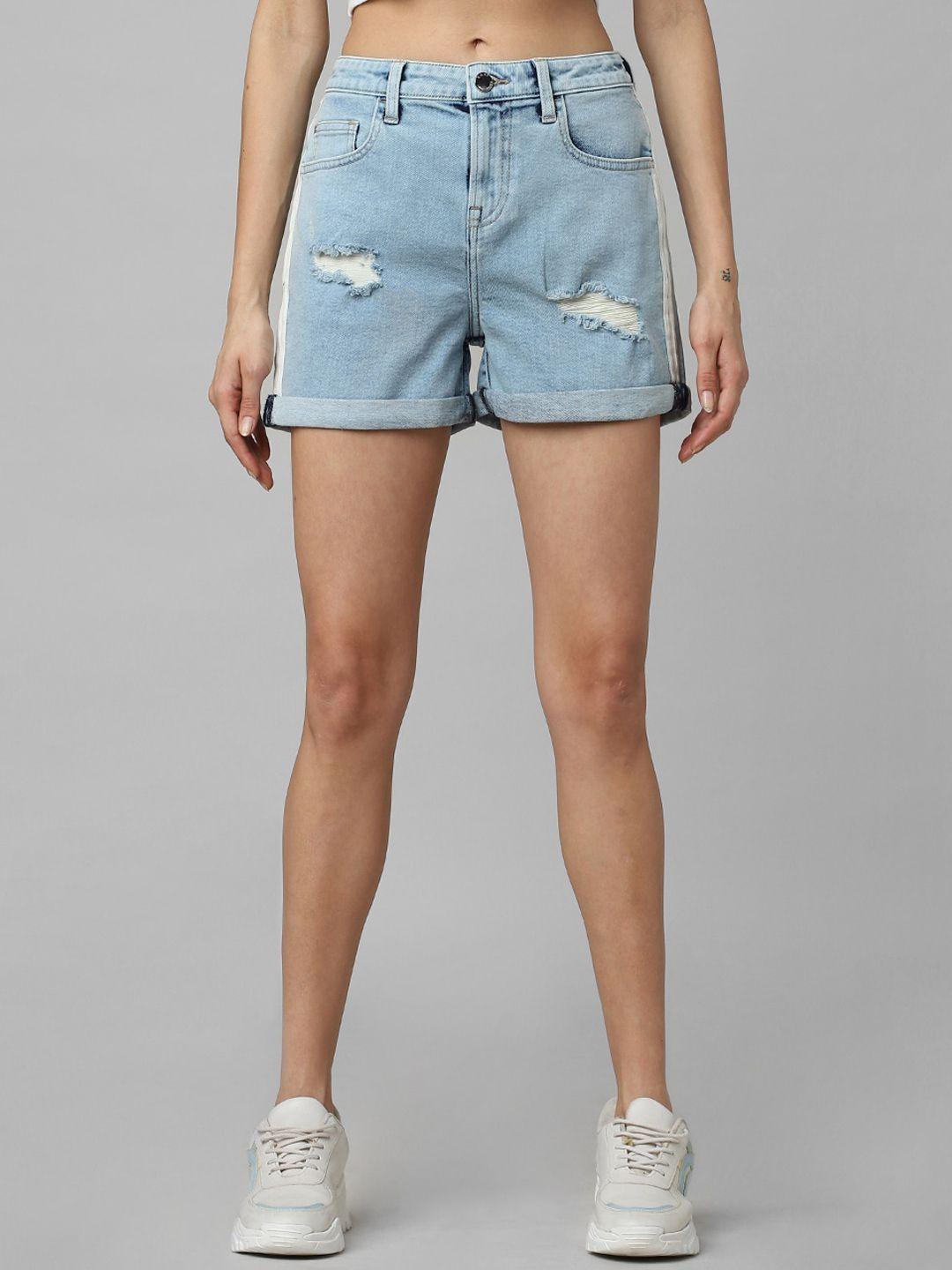 only women mid rise midly distressed washed denim shorts