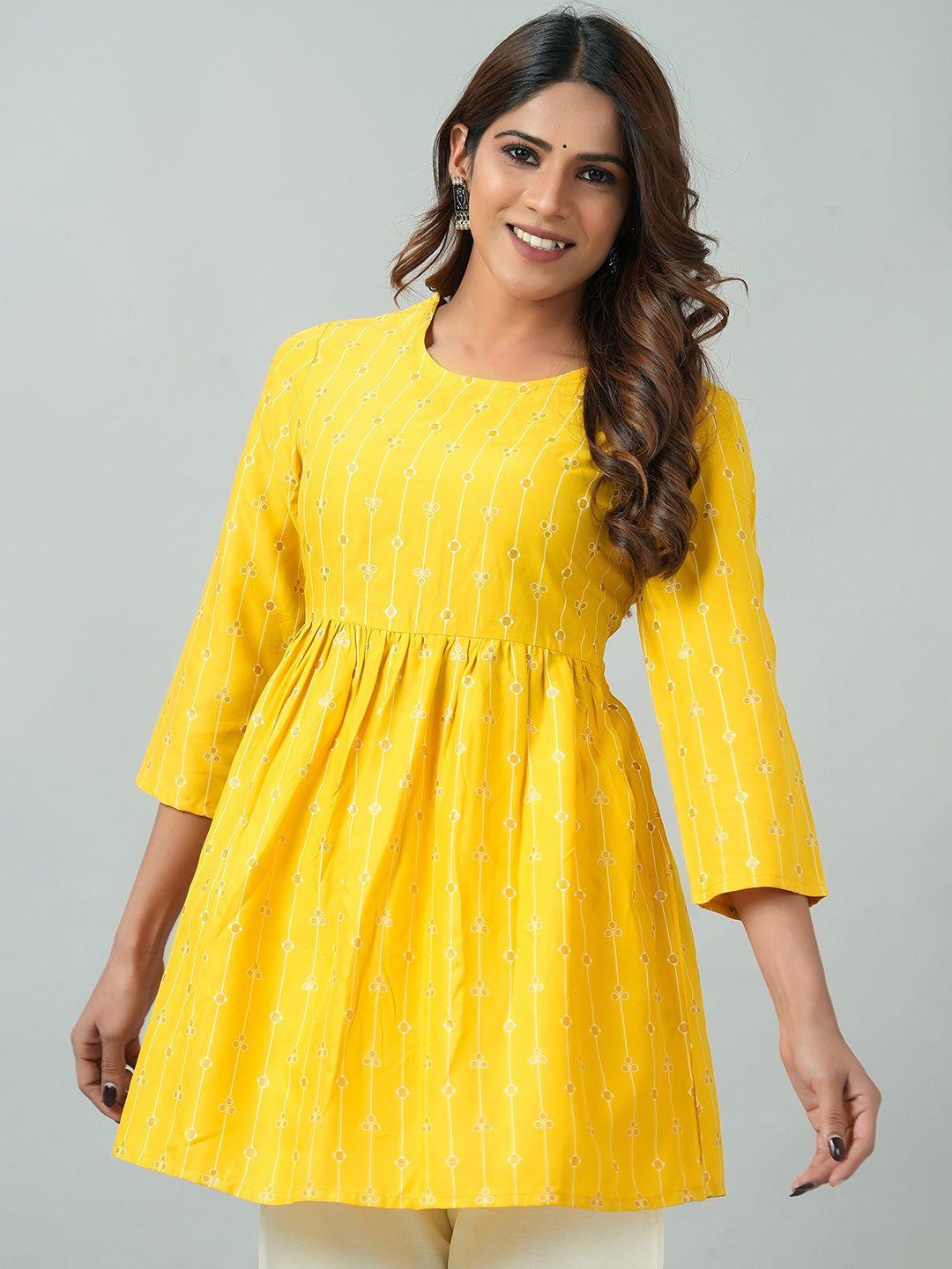 here&now mustard yellow ethnic motifs printed kurti