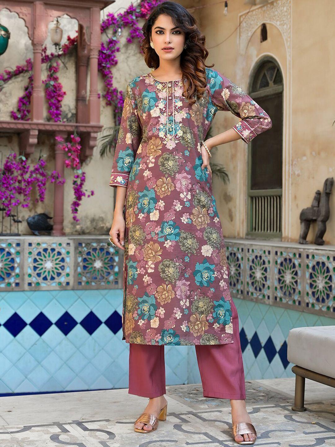 yufta floral printed thread work straight kurta with trousers