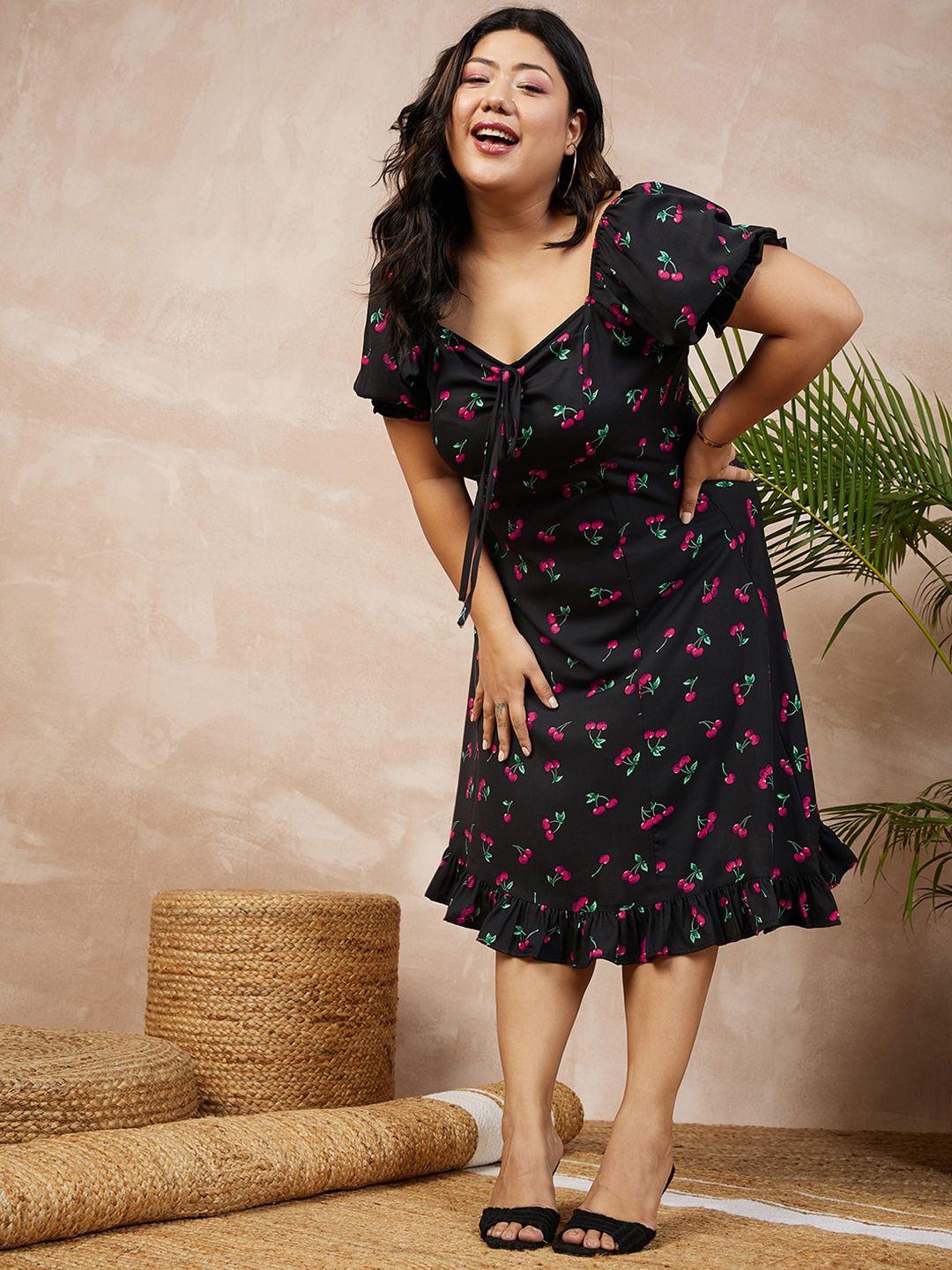 berrylush curve plus size black floral printed sweetheart neck ruffled a-line midi dress