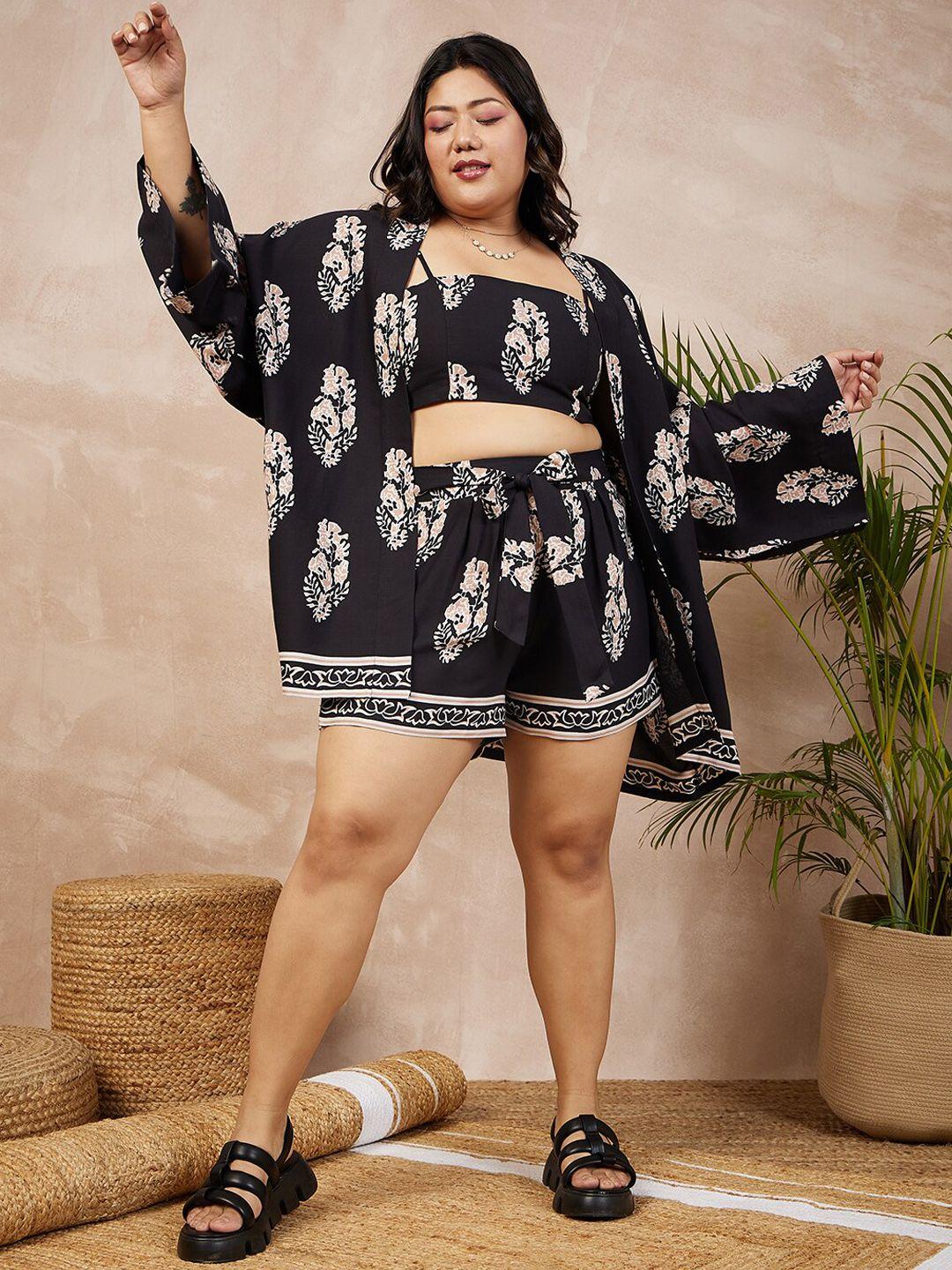 berrylush curve black & white plus size floral printed crop top & shorts with shrug