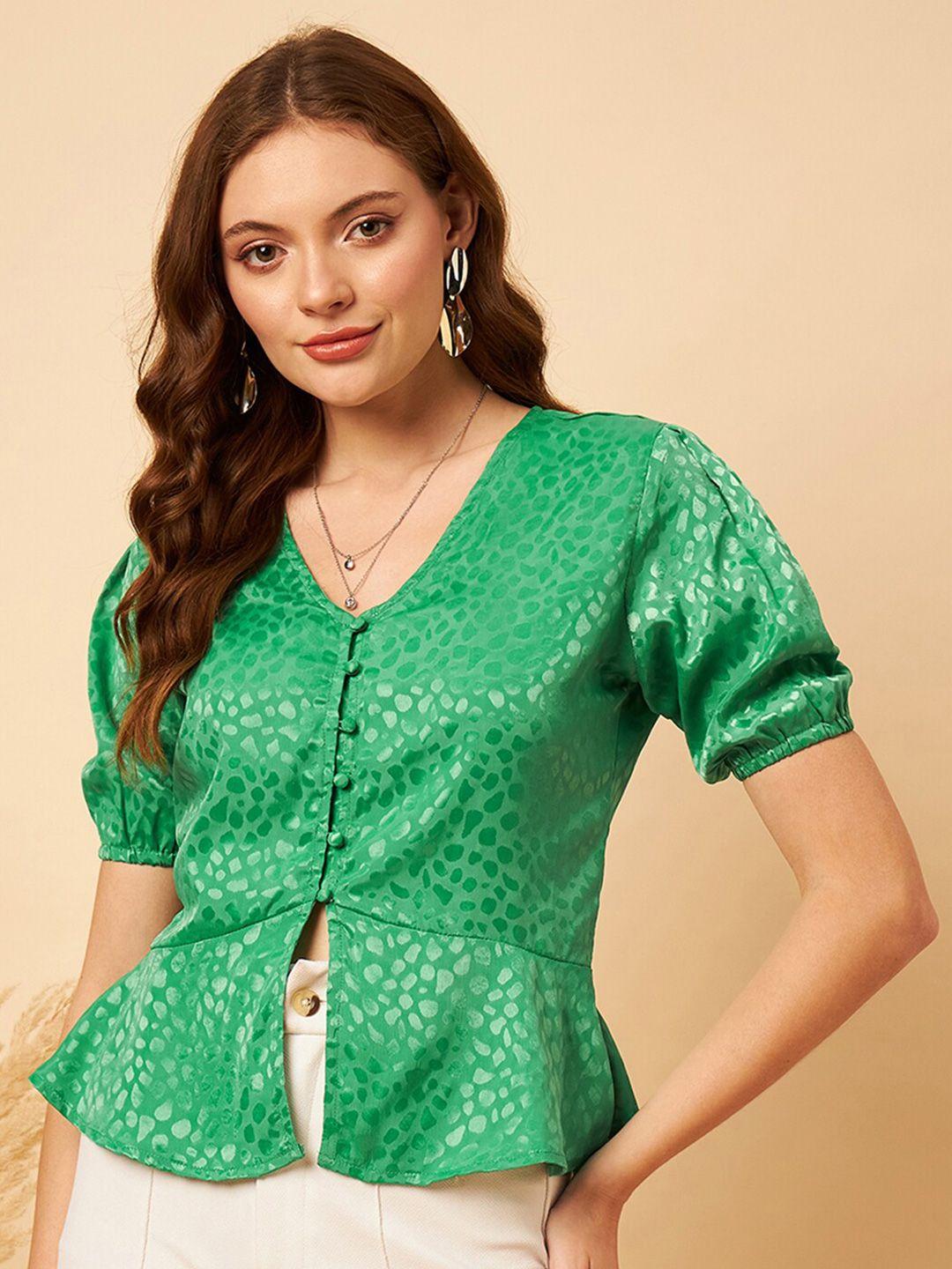 mint street abstract printed v-neck puff sleeve satin peplum top