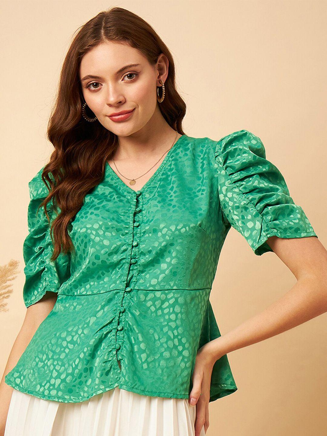 mint street abstract woven design puff sleeve v-neck jacquard satin peplum top