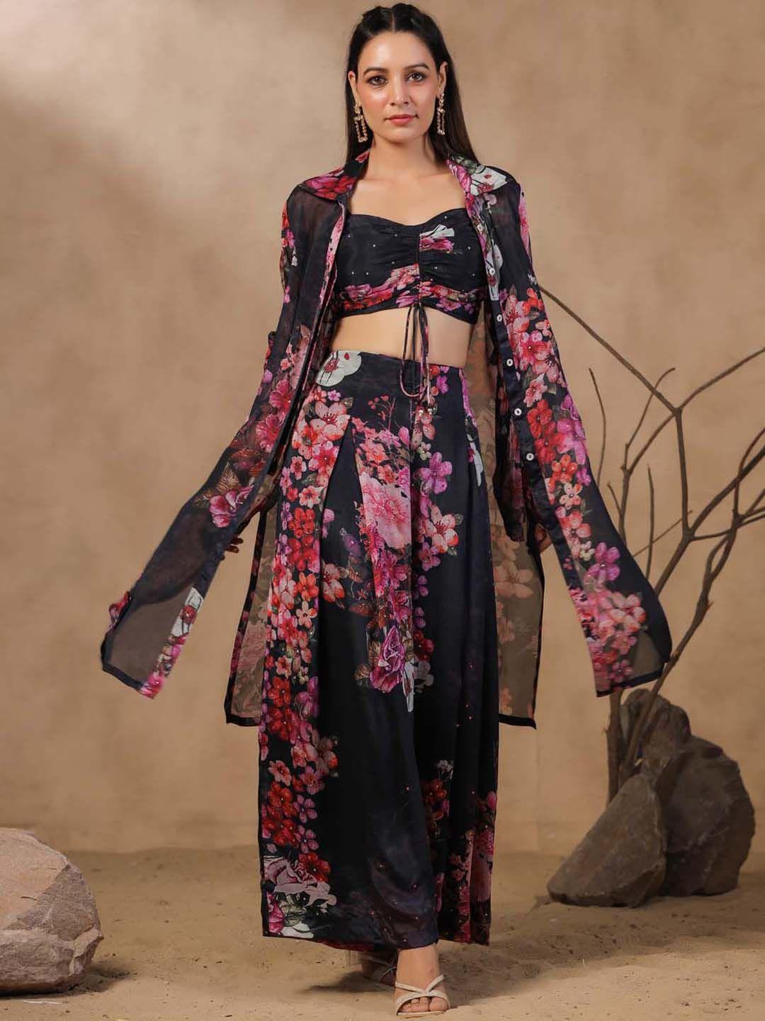 meena bazaar floral printed lehenga choli with jacket