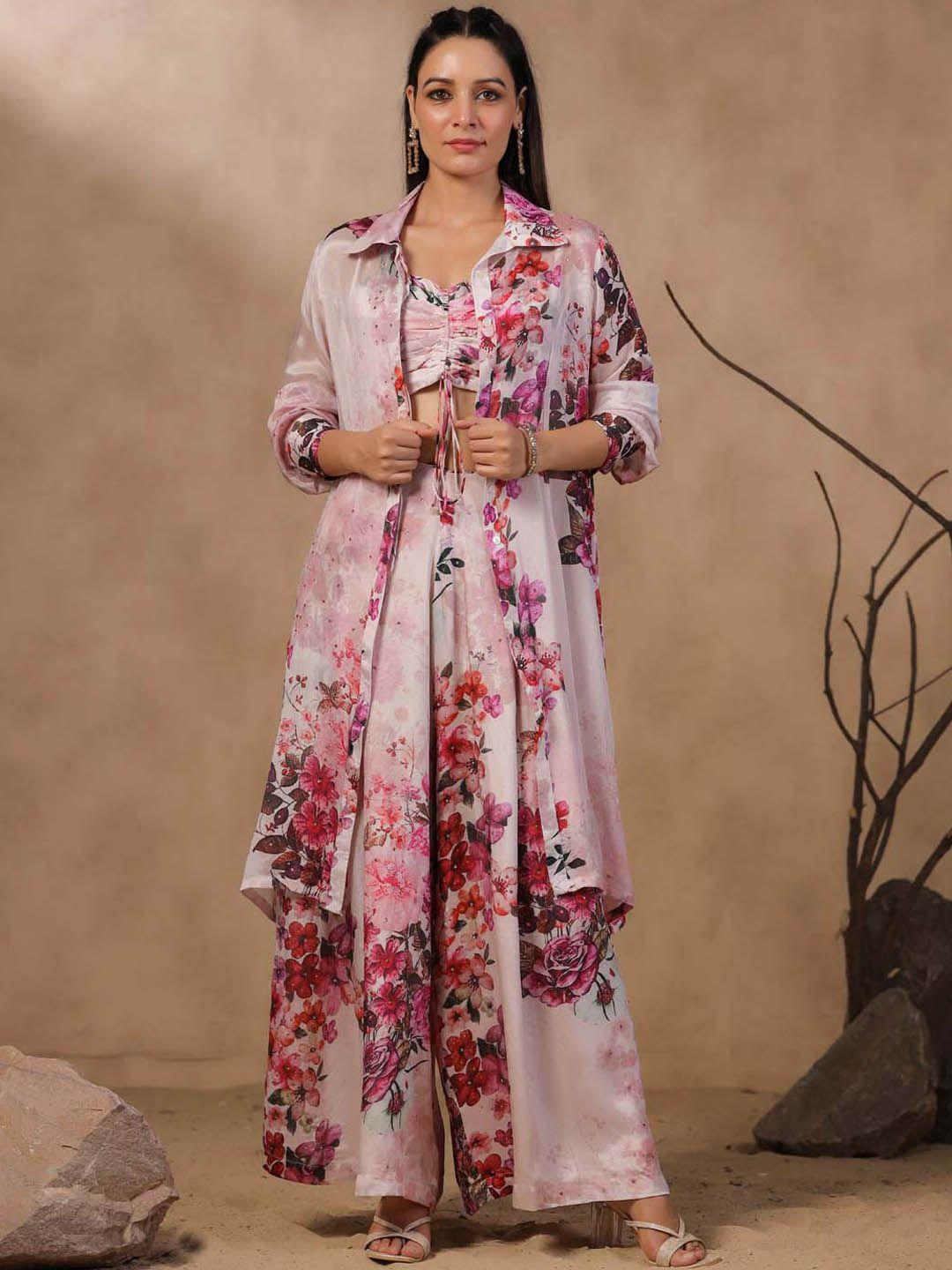 meena bazaar floral printed top with palazzo & shrug