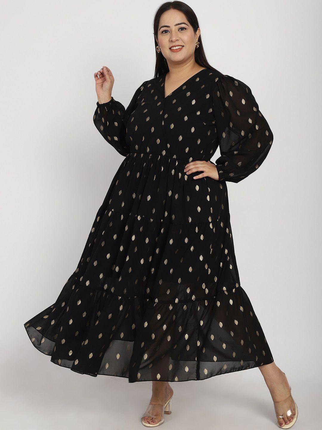 pluss plus size geometric printed v-neck  puff sleeve fit & flare pleated maxi dress