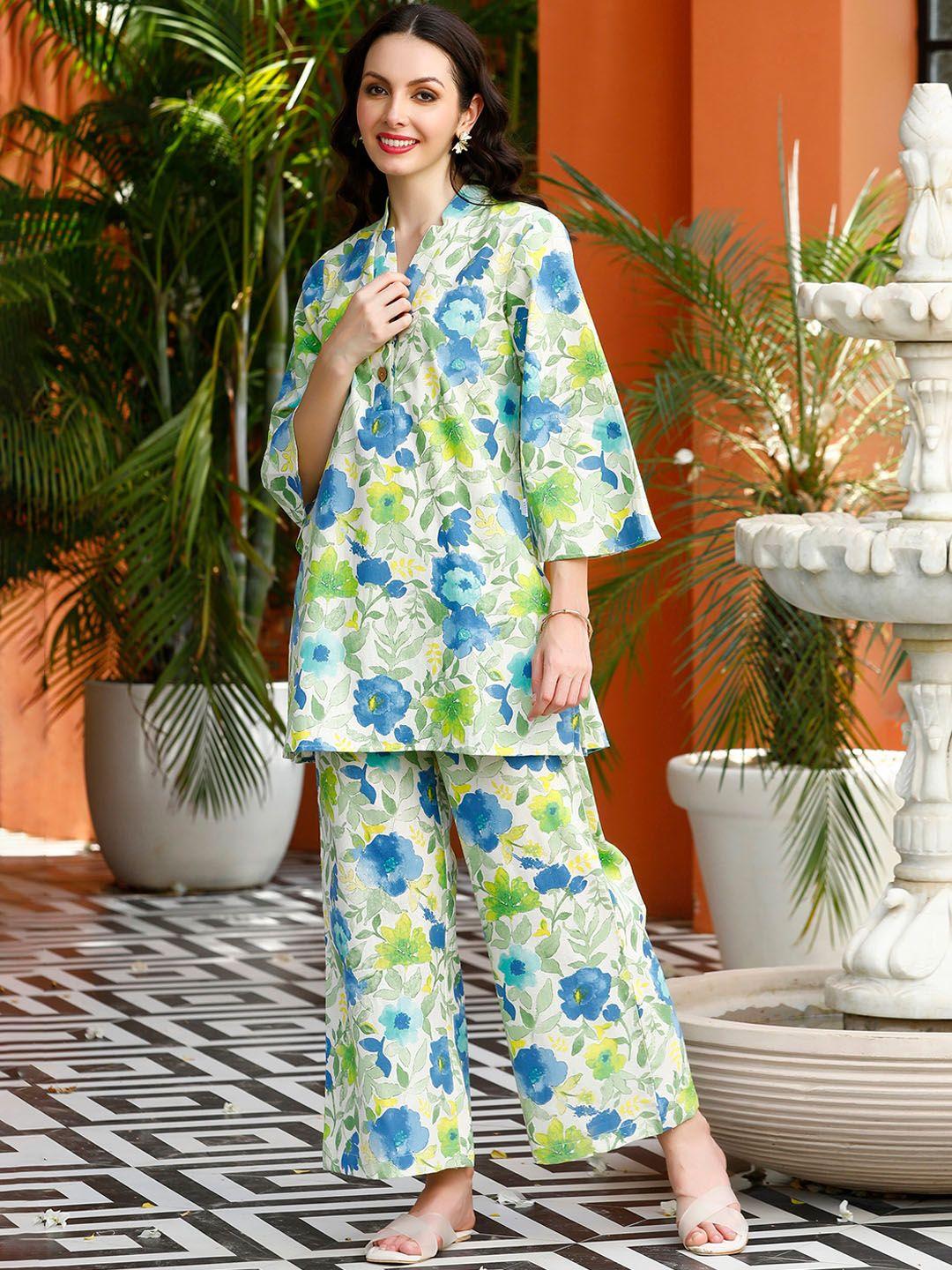 jisora white & green printed pure cotton night suit