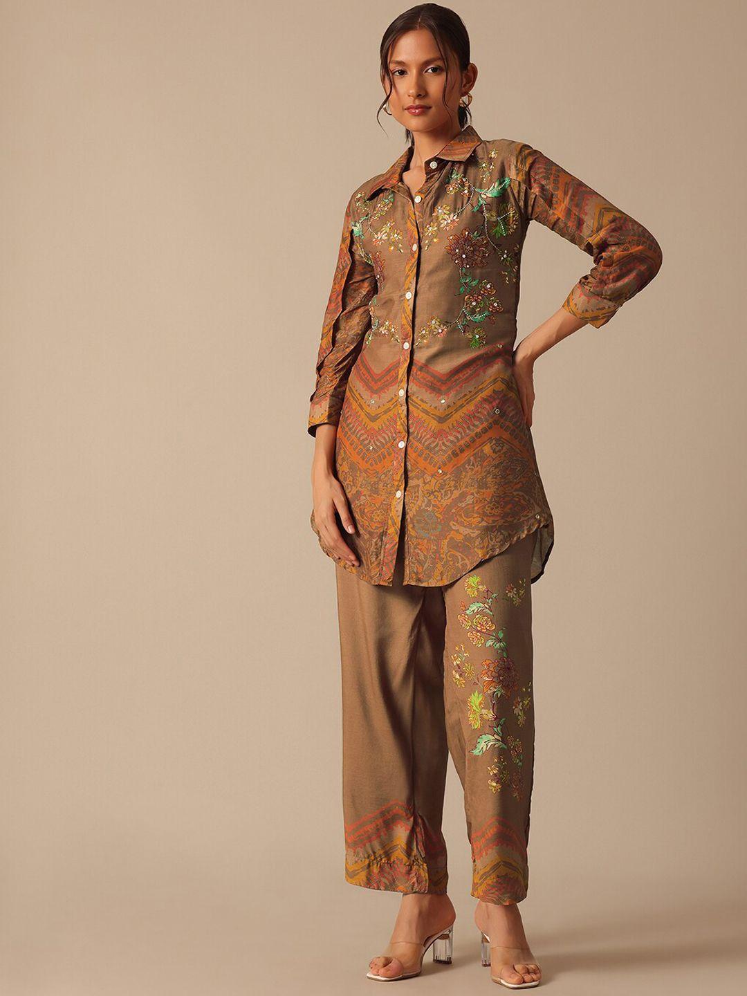 kalki fashion floral printed beaded kurta with trousers