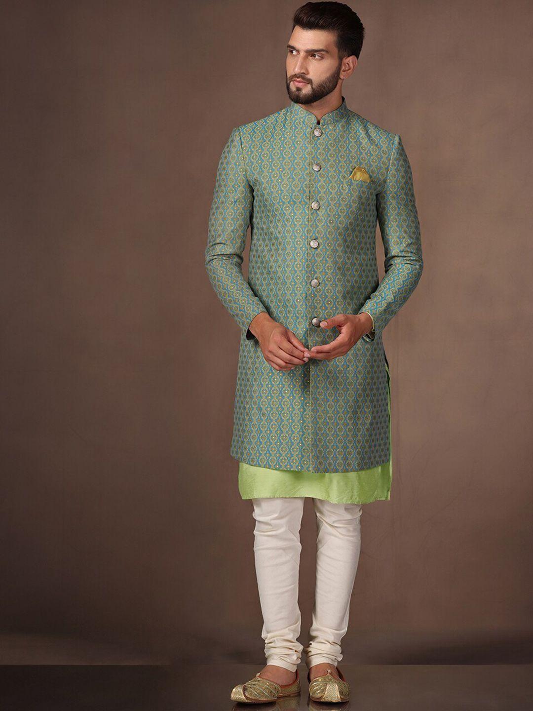 kisah ethnic motif printed mandarin-collar sherwani suit