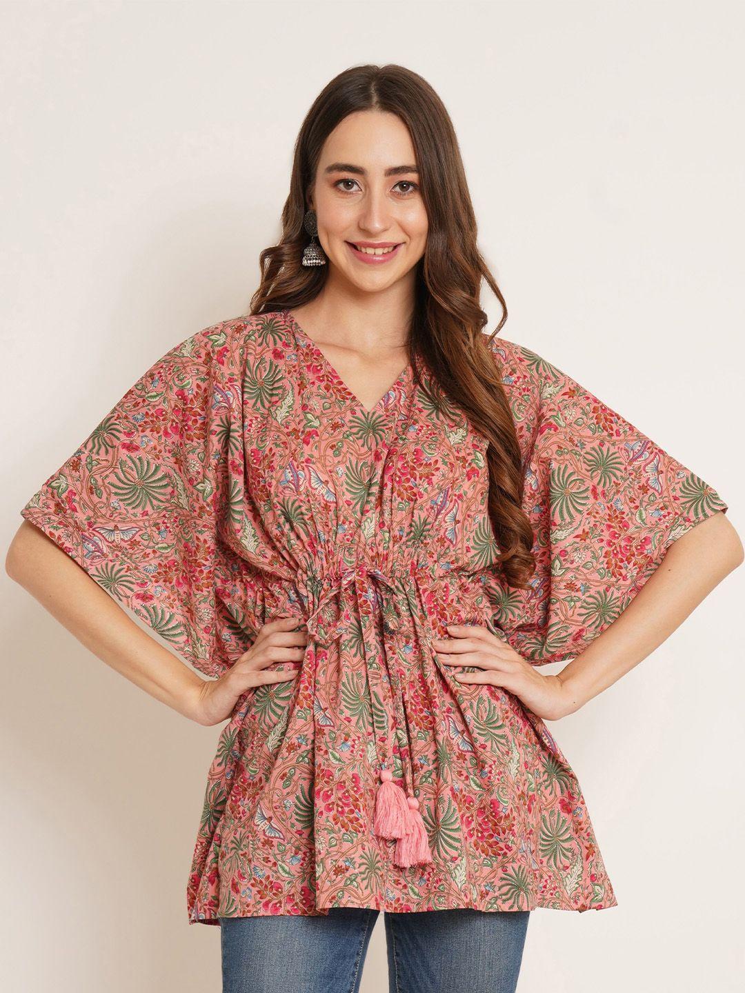 cotland fashion floral print v-neck kimono sleeve cotton kaftan top