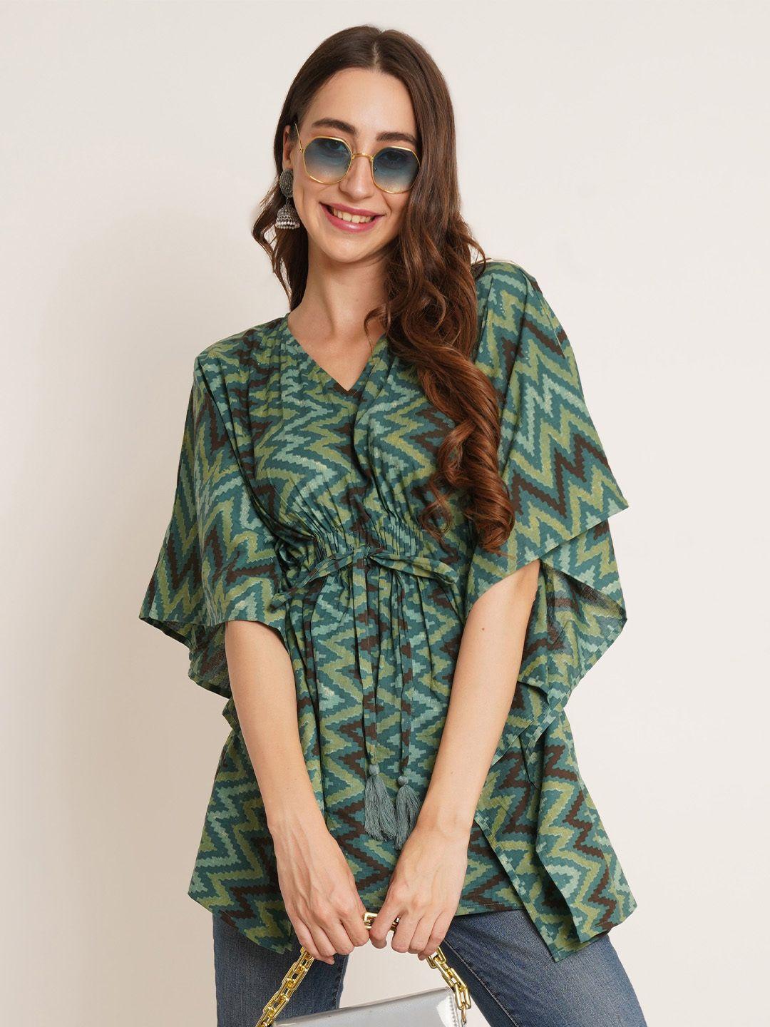 cotland fashion geometric printed v-neck kimono sleeves pure cotton kaftan longline top