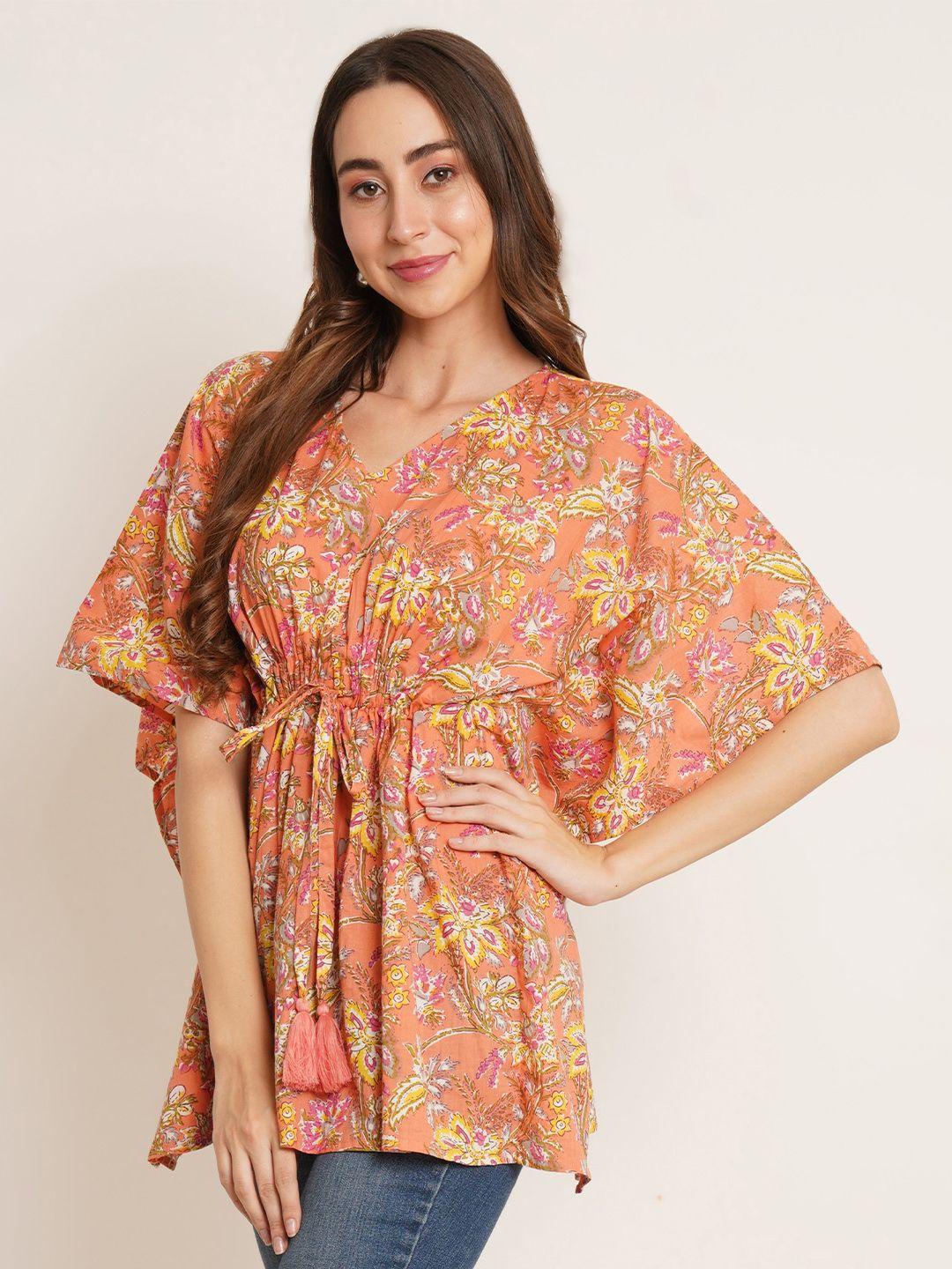 cotland fashion floral printed v-neck kimono sleeves pure cotton kaftan longline top