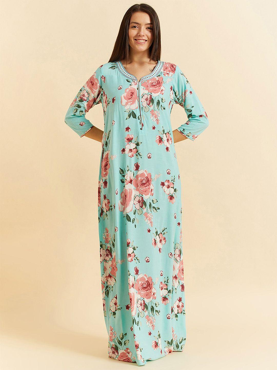 sweet dreams green floral printed v-neck maxi nightdress