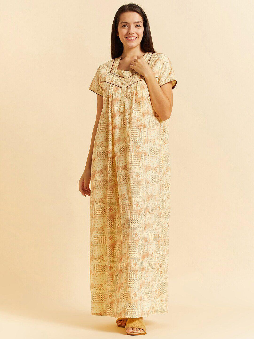 sweet dreams yellow ethnic motifs printed pure cotton maxi nightdress