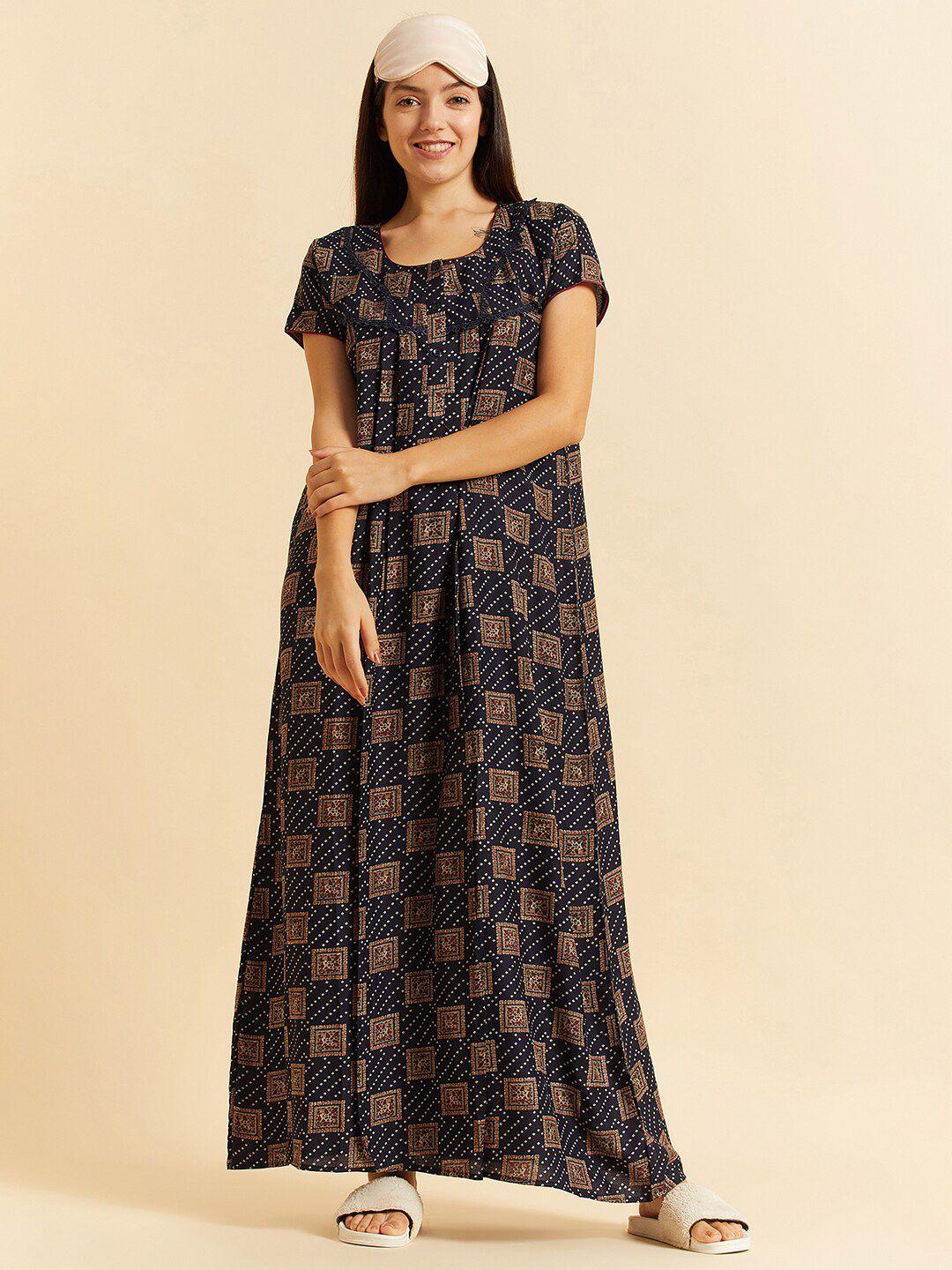 sweet dreams navy blue geometric printed pure cotton maxi nightdress