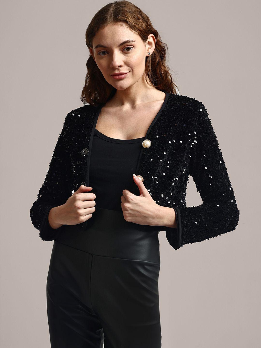 iki chic embellished sequined crop open front jacket