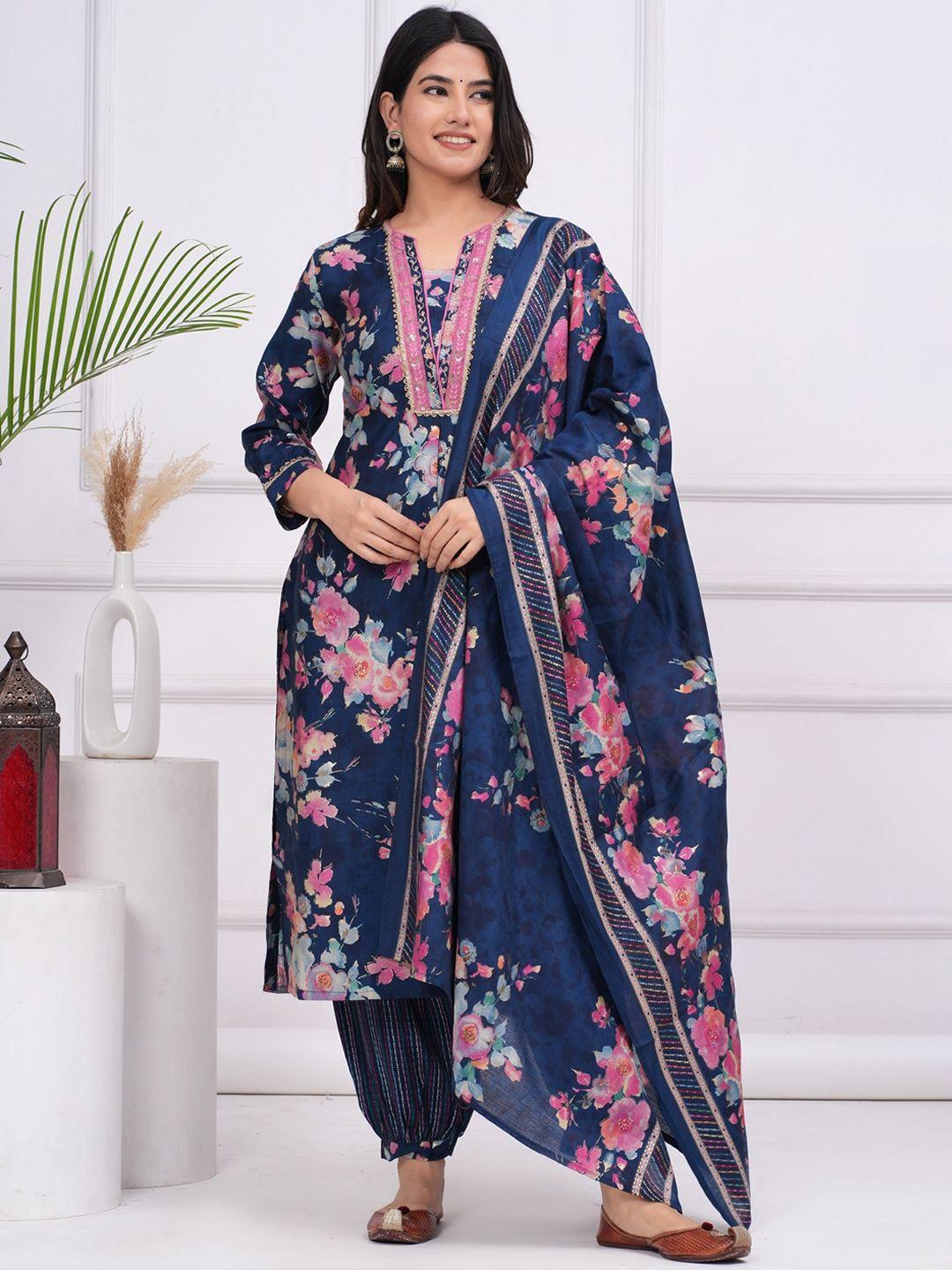 etnicawear floral printed pure silk straight kurta & pyjamas with dupatta