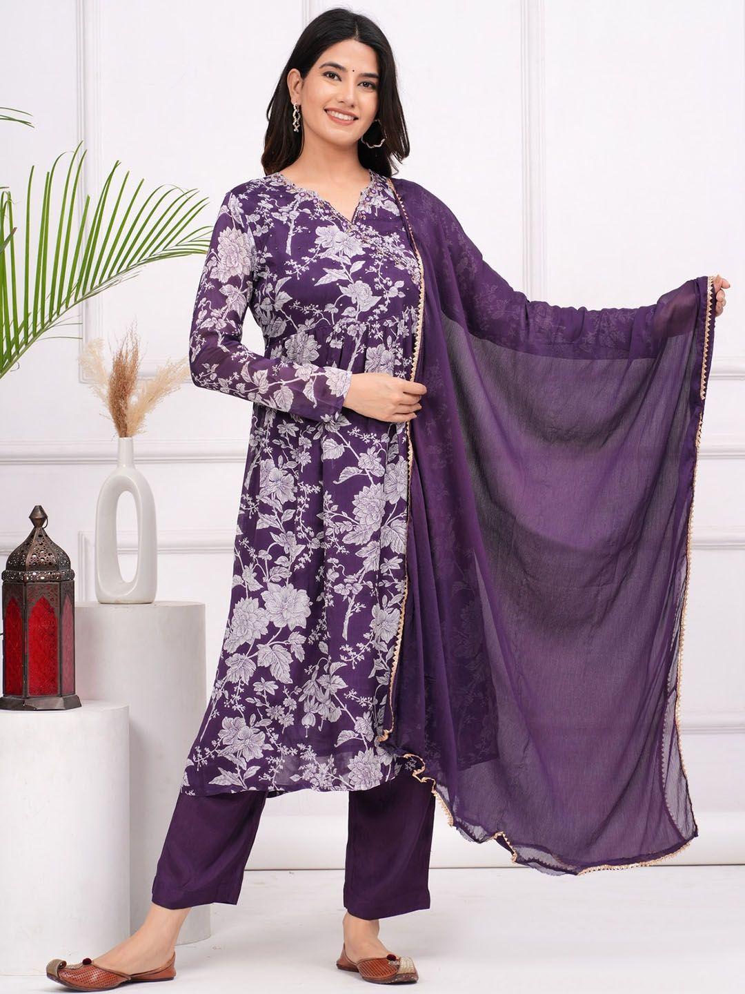 etnicawear floral printed pure silk empire a-line kurta & trousers with dupatta