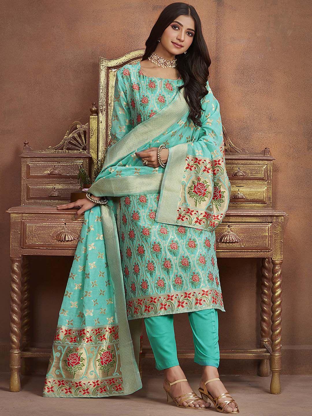 ishin floral woven design straight kurta & trousers with dupatta