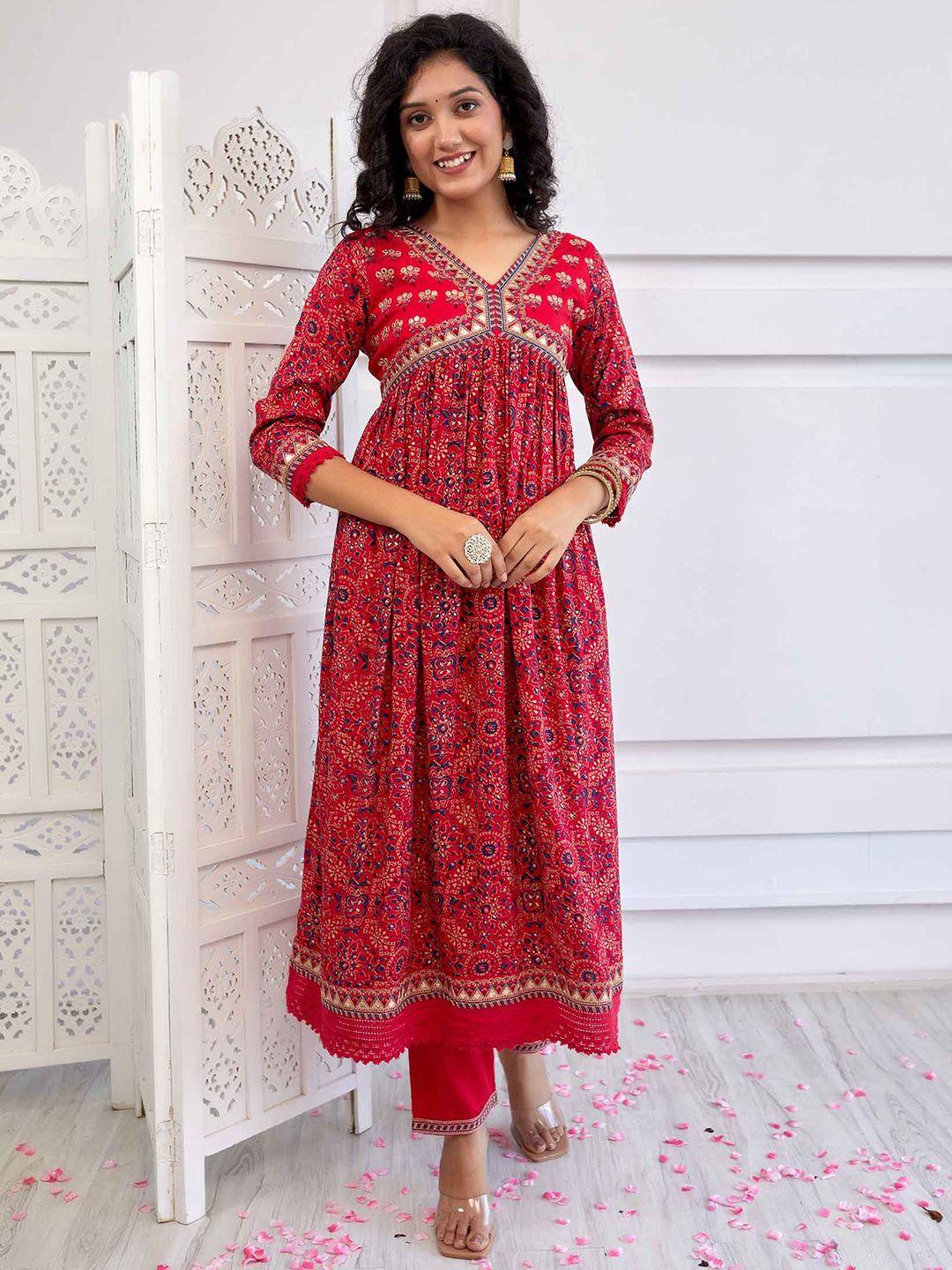 kalini ethnic motifs printed empire mirror work kurta with trousers & dupatta