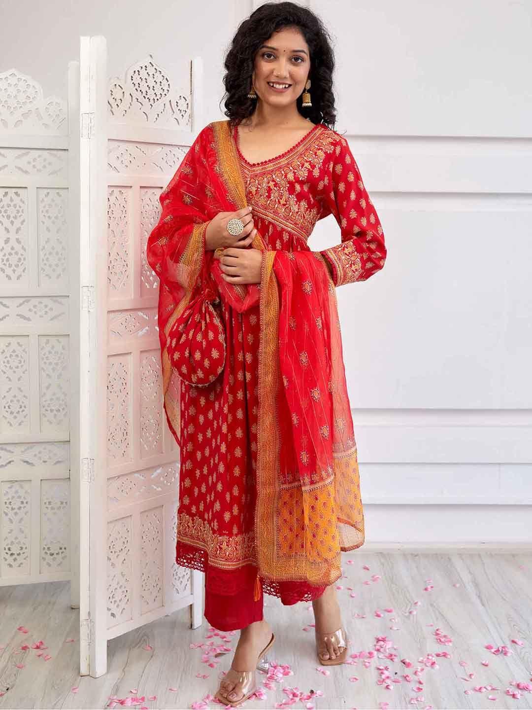 kalini ethnic motifs printed pleated thread work a-line kurta with trousers & dupatta