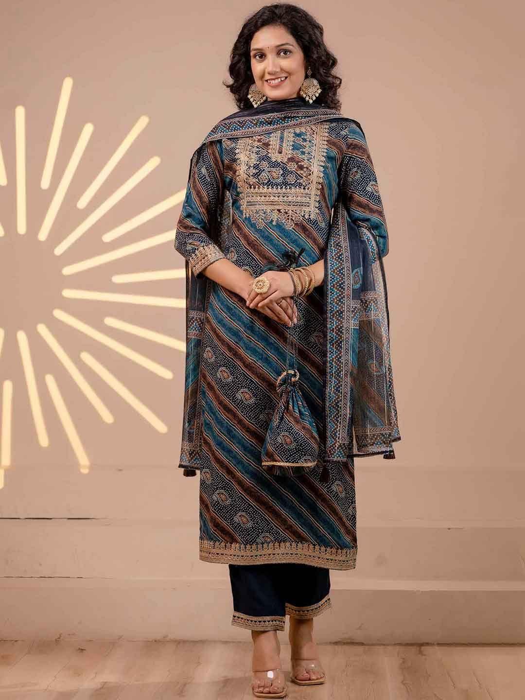 kalini bandhani printed thread work straight kurta with trousers & dupatta with potli set