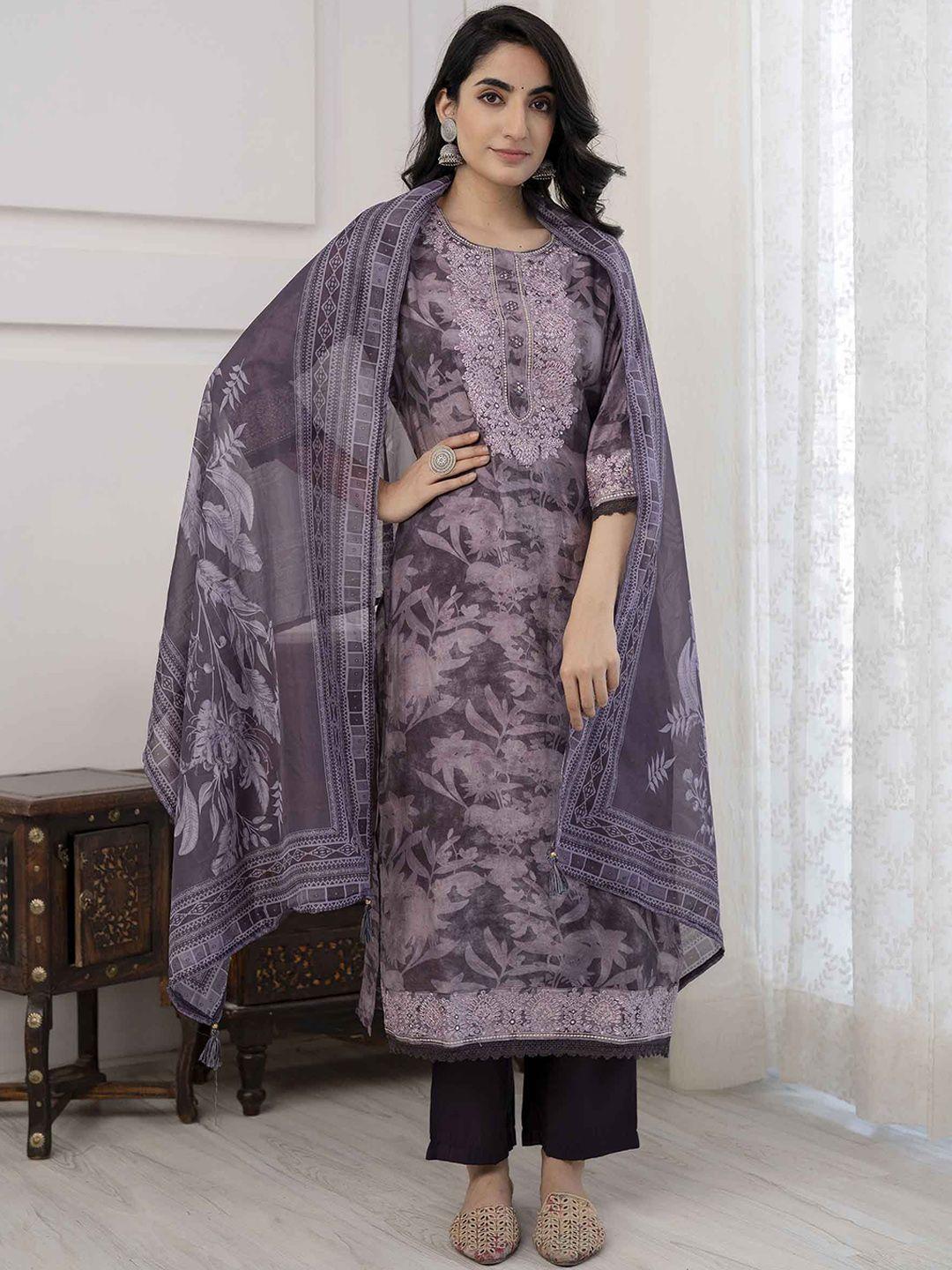 kalini floral printed regular mirror work kurta with trousers & with dupatta