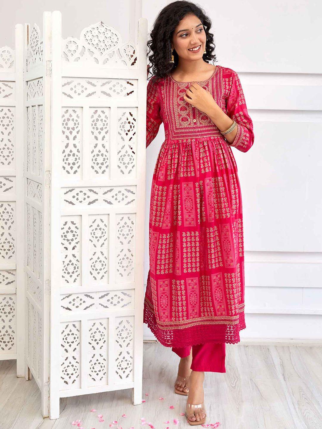 nehamta floral printed pleated mirror work kurta with trousers & dupatta potli set