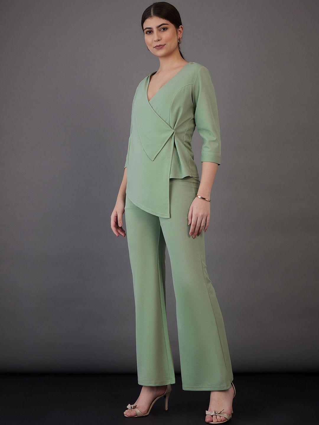 sassafras worklyf asymmetric wrap top with bell bottom trousers