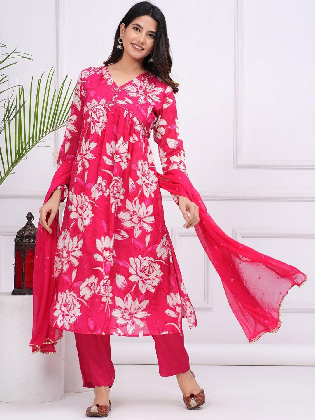 etnicawear floral printed beads & stones empire kurta with pyjamas & dupatta