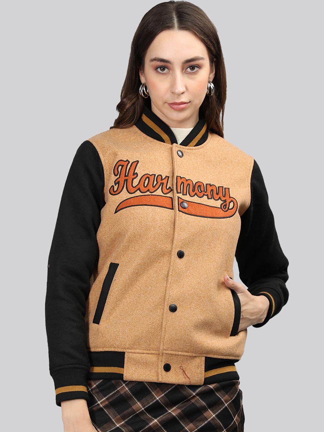 chkokko typography printed mock collar varsity jacket