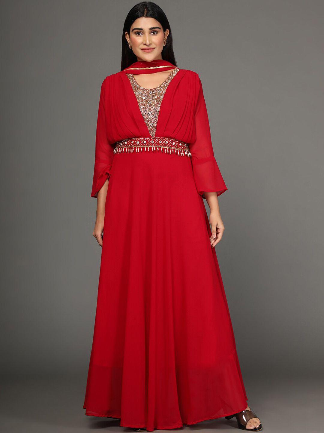 kalini embellished bell sleeves sequinned georgette fit & flare ethnic dress with dupatta