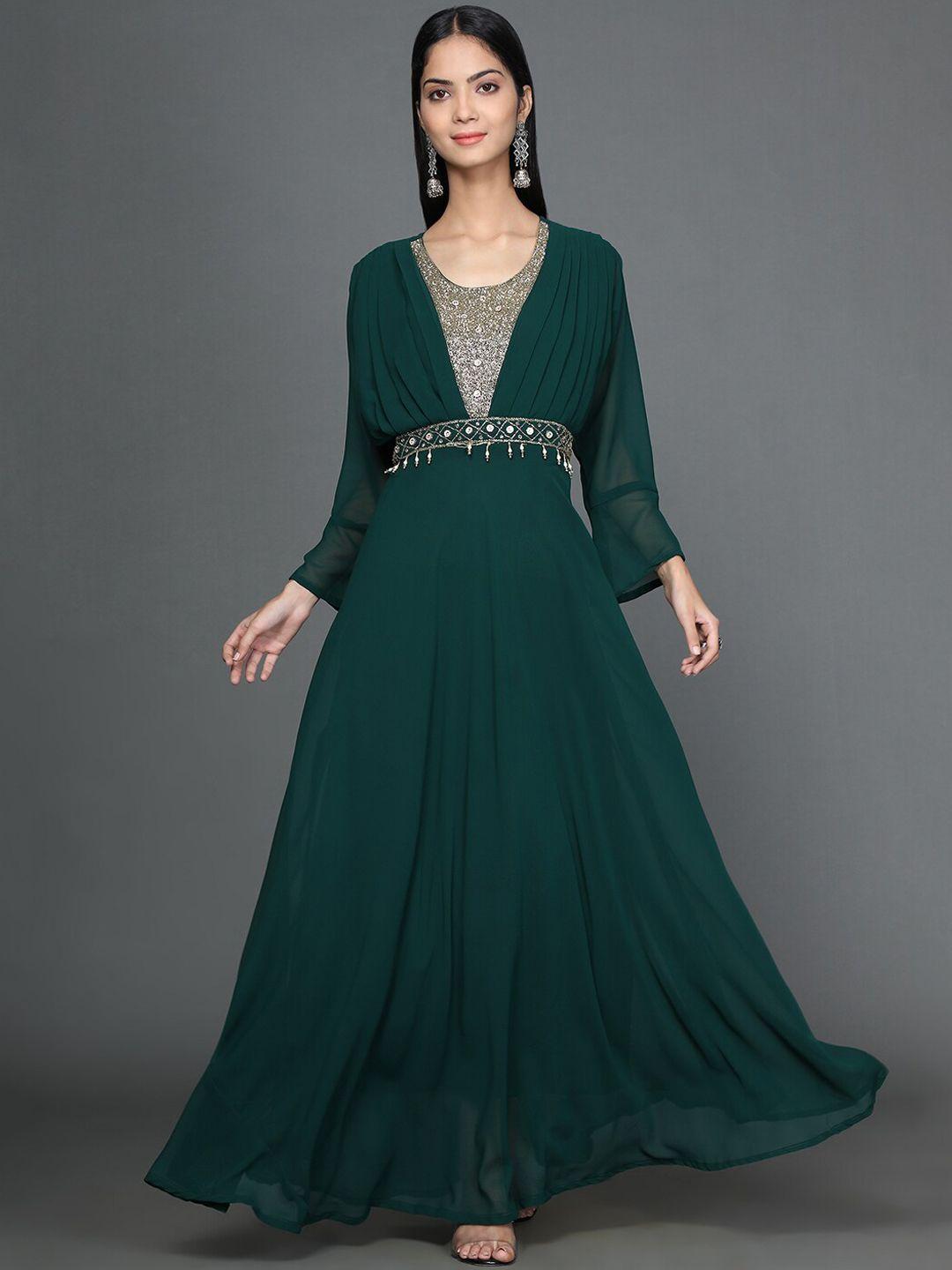 kalini embellished bell sleeves sequinned georgette fit & flare ethnic dress with dupatta