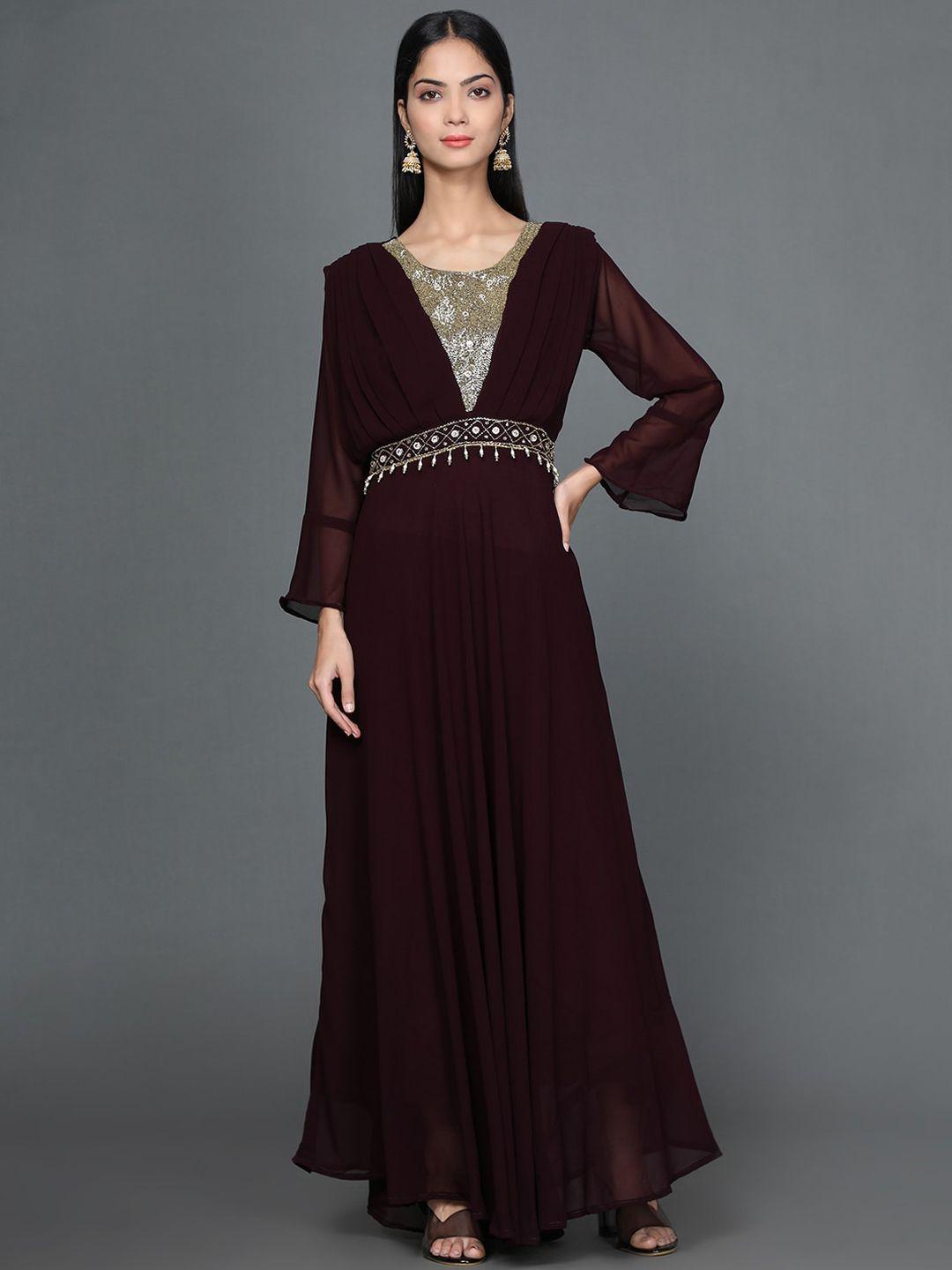 kalini embellished bell sleeves sequinned georgette fit & flare ethnic dress with dupatta