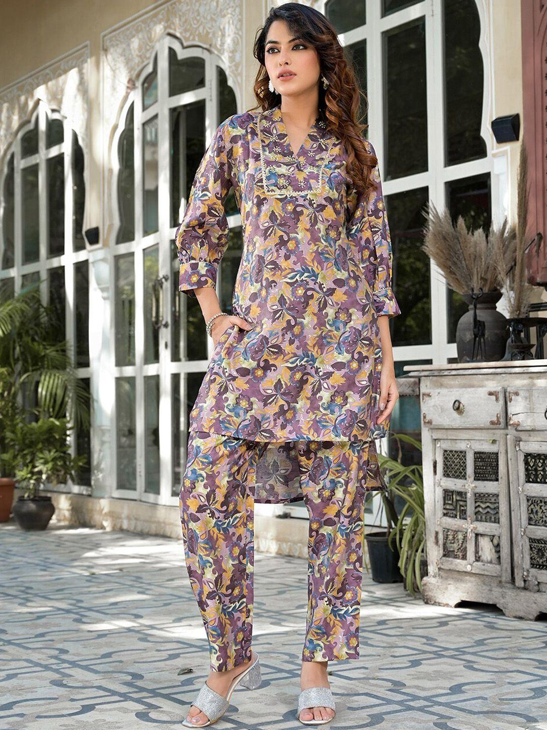 yufta floral printed v-neck tunic with trouser