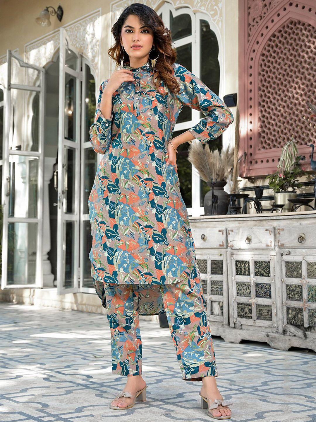 yufta floral printed shirt collar tunic with trouser