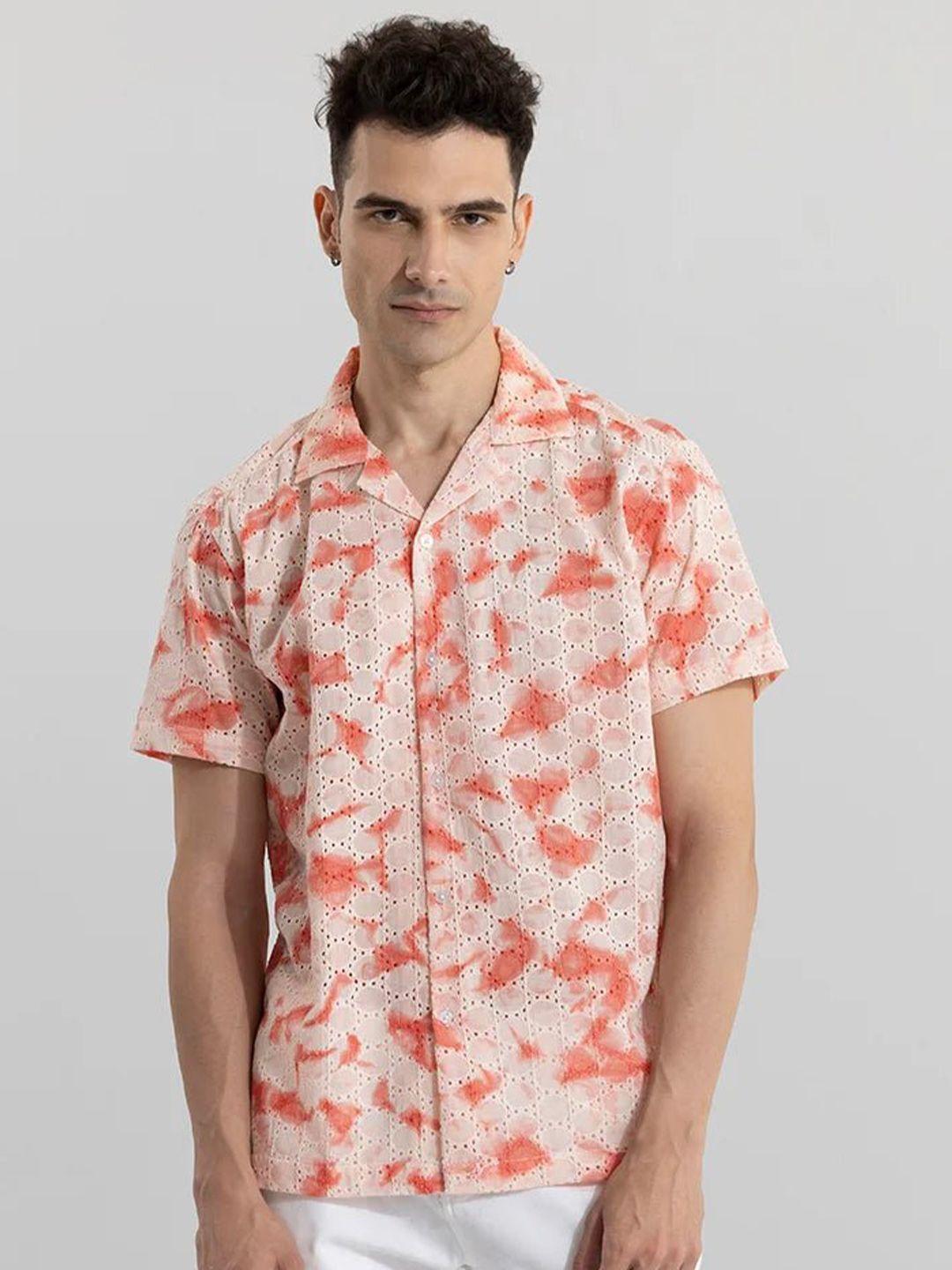 snitch orange-coloured classic abstract printed pure cotton oversized casual shirt