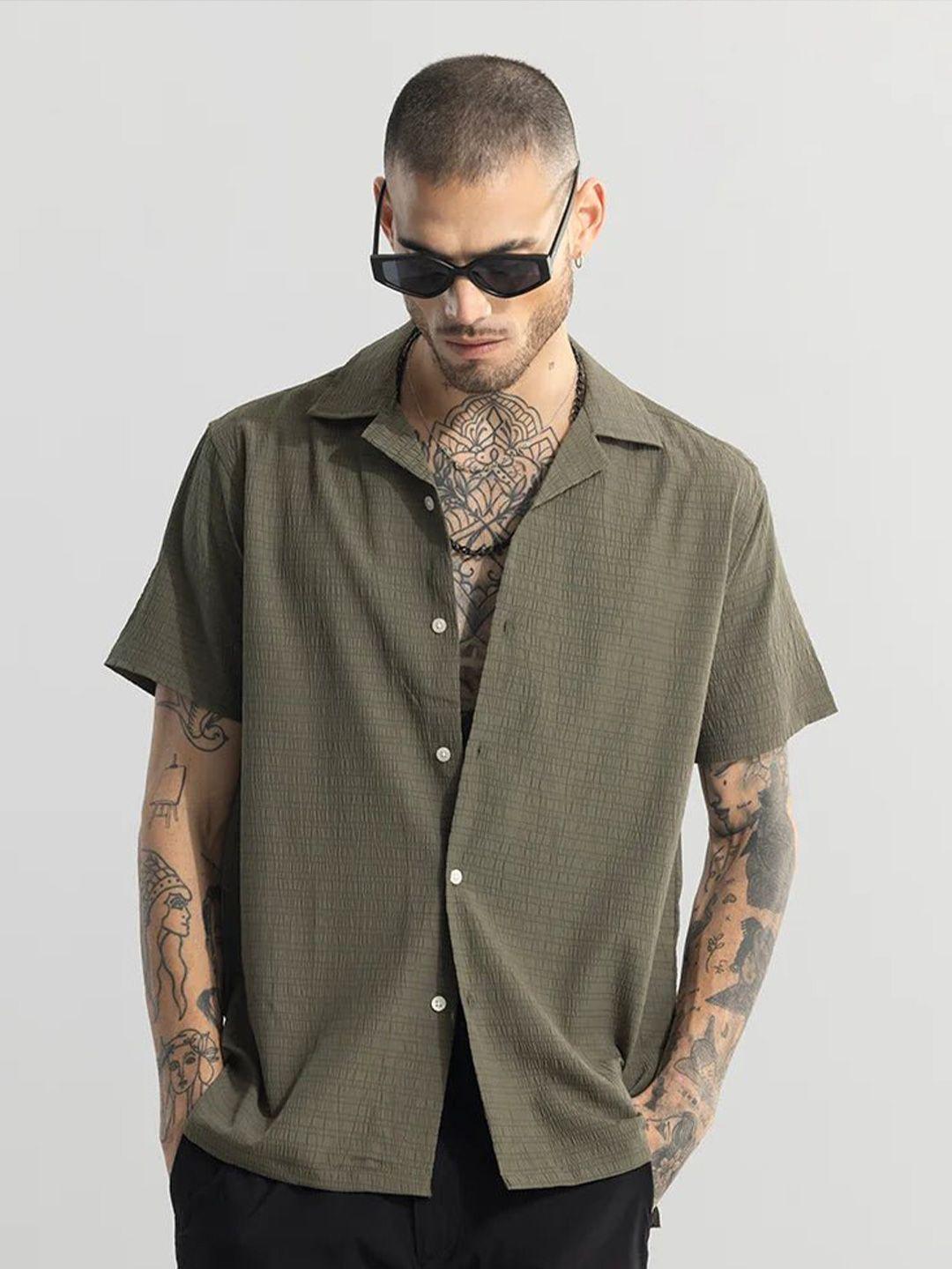 snitch olive green self design textured cuban collar classic casual shirt