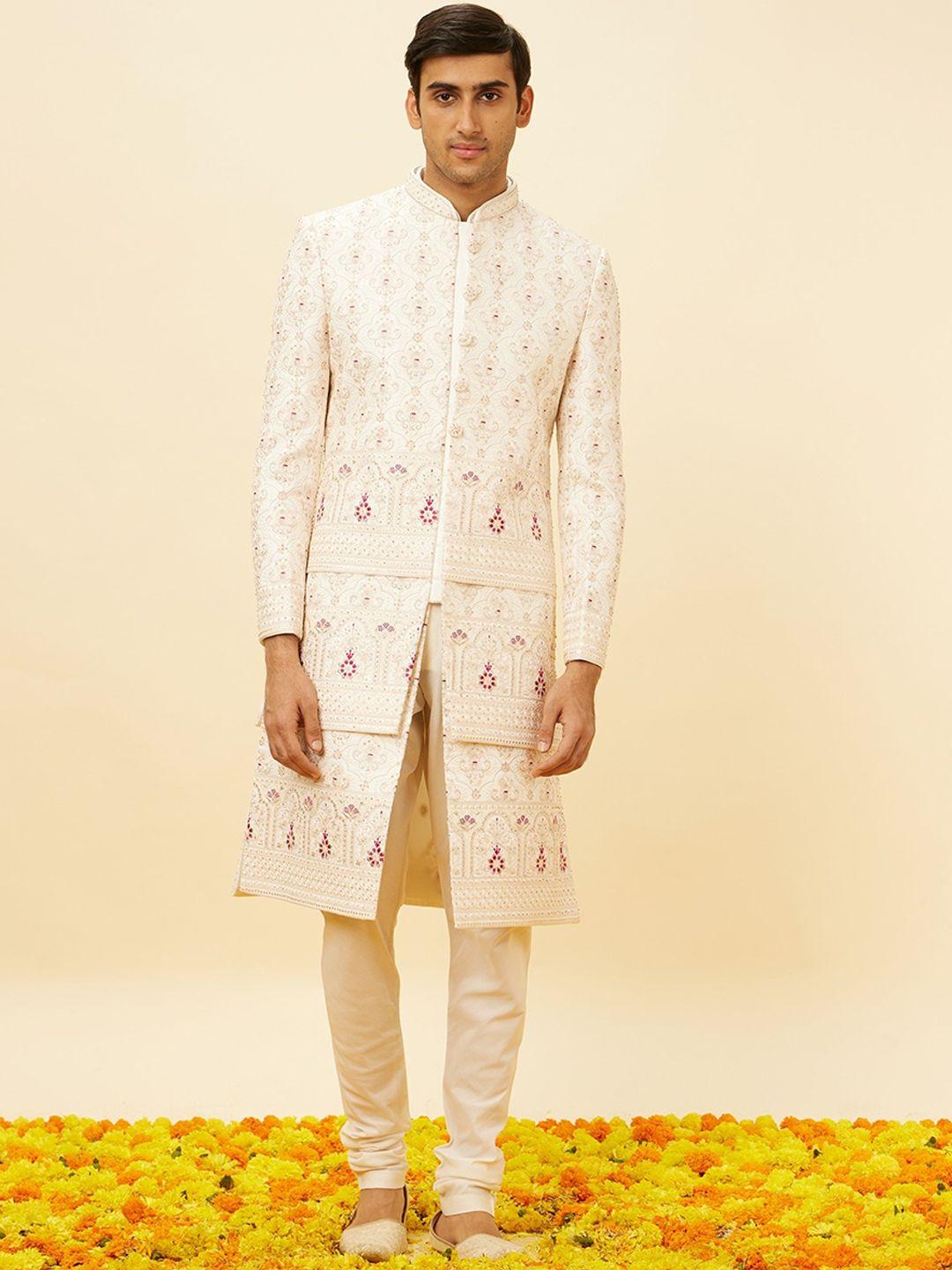 manyavar ethnic motifs embroidered mandarin collar sherwani set