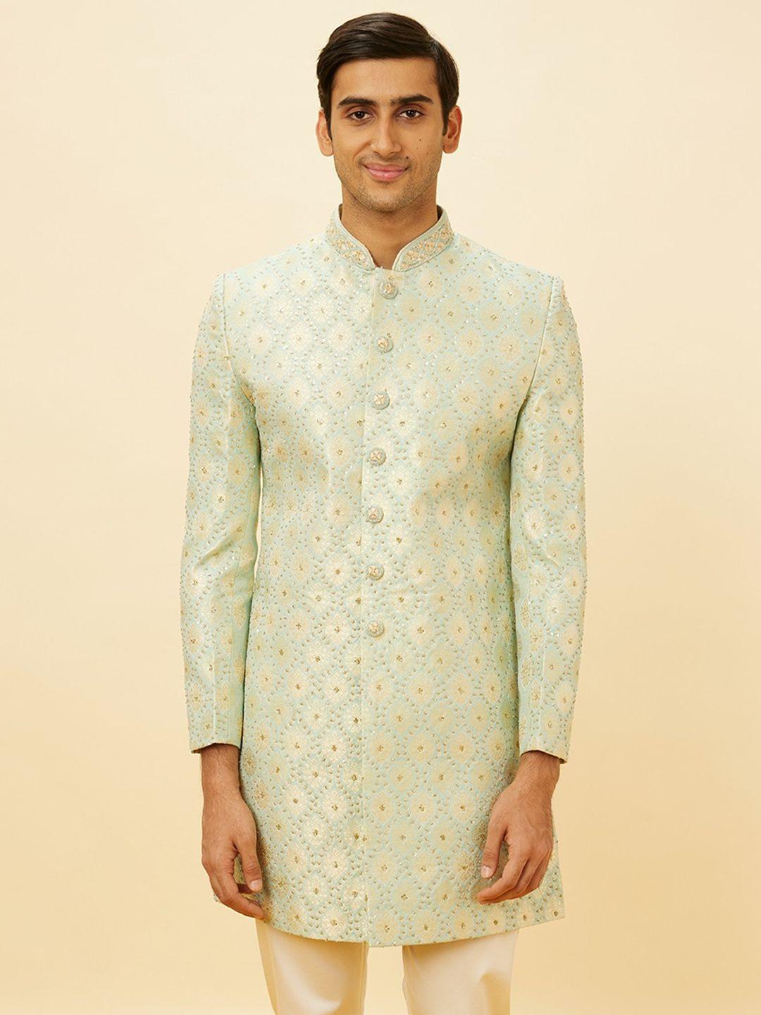 manyavar embroidered mandarin collar sherwani