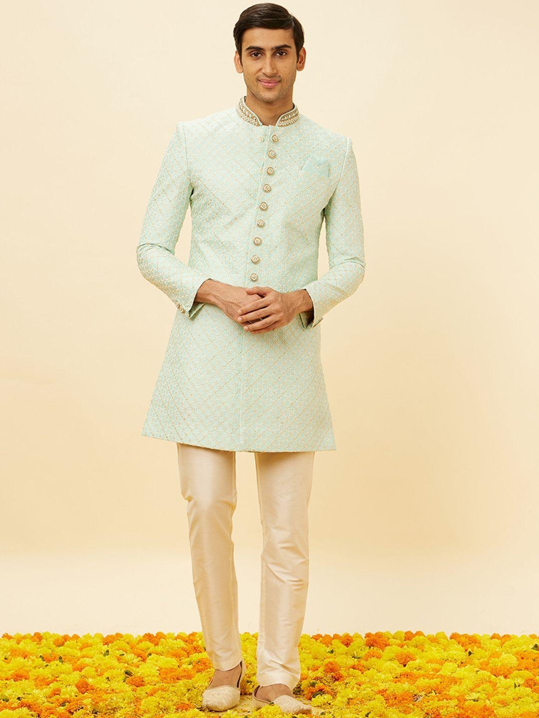 manyavar embroidered mandarin collar sherwani set